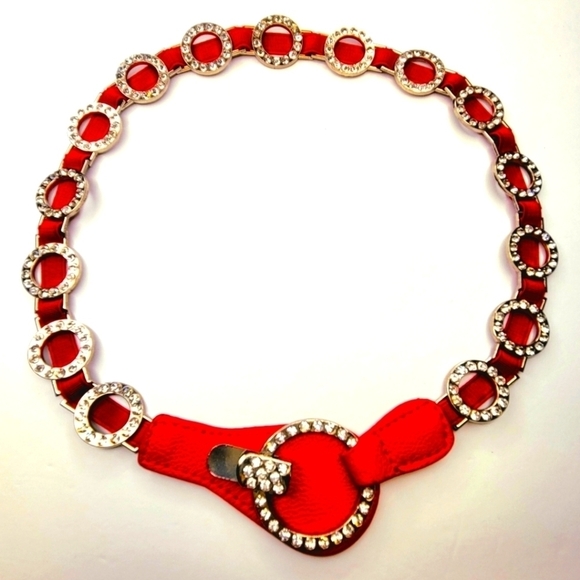 WOMENS Red Stretch Belt Bling Crystals Buckle Elasticized Band Belt - Picture 3 of 16